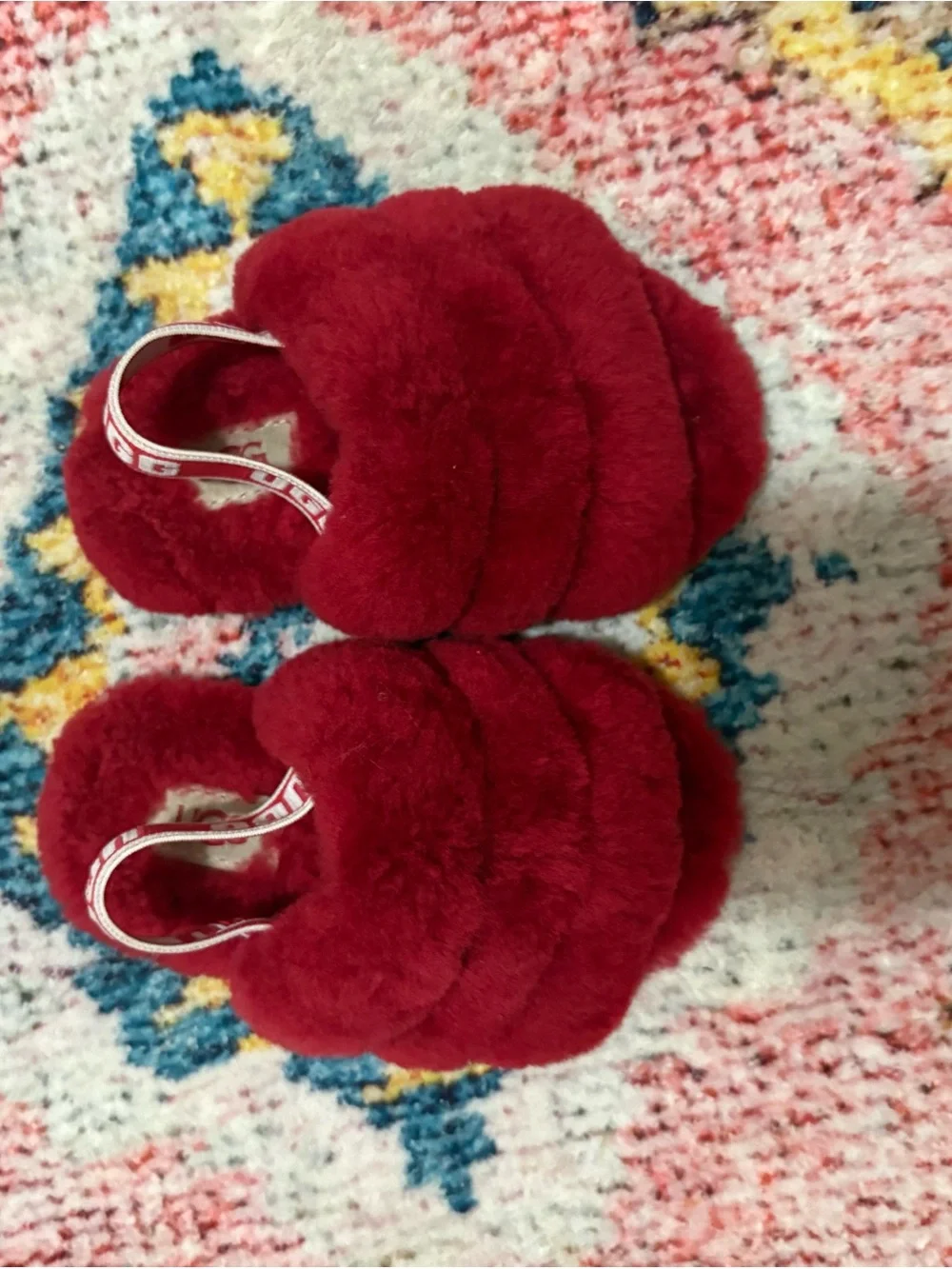 UGG Red Plush Fur Slide Sandals with Branded Strap